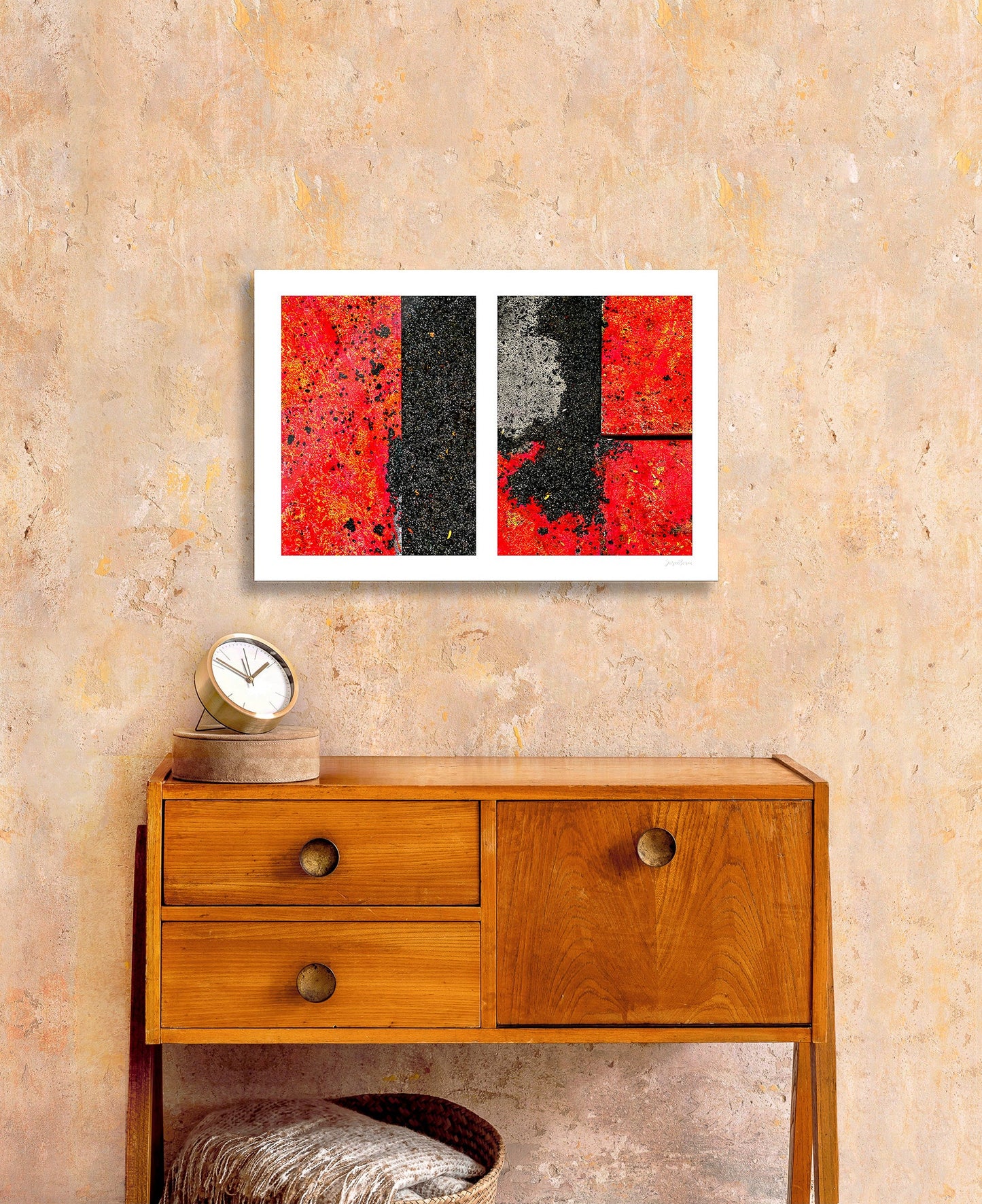 Abstract photograph diptych of red road steel plates