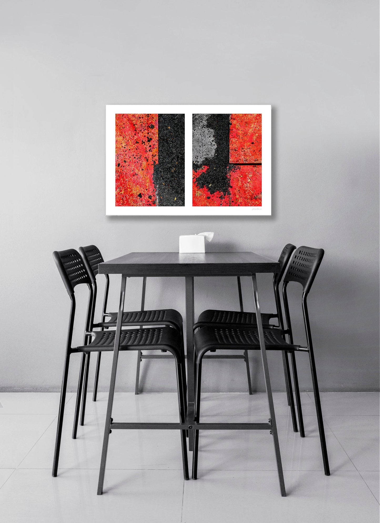 Abstract photograph diptych of red road steel plates