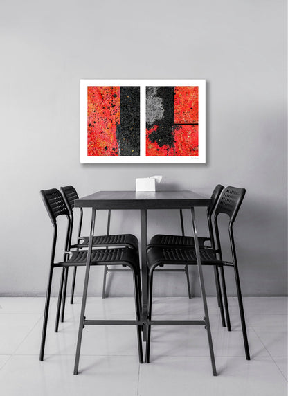 Abstract photograph diptych of red road steel plates