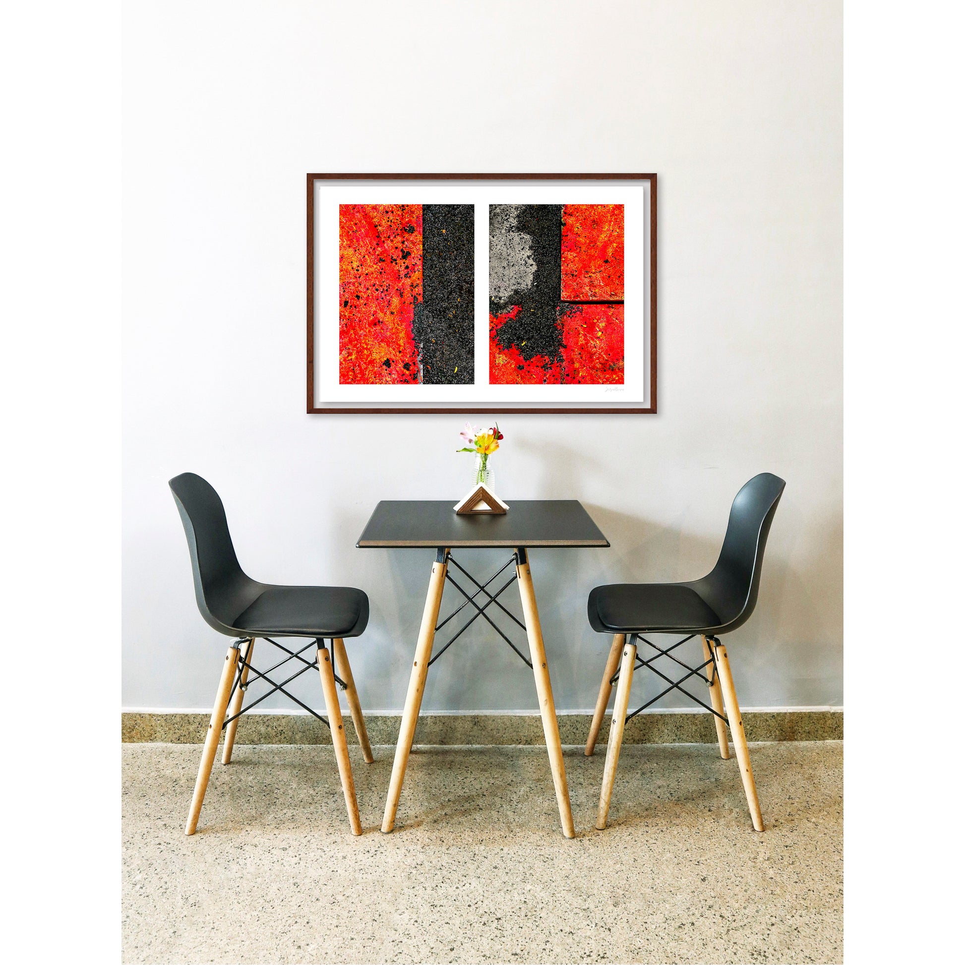 Abstract photograph diptych of red road steel plates