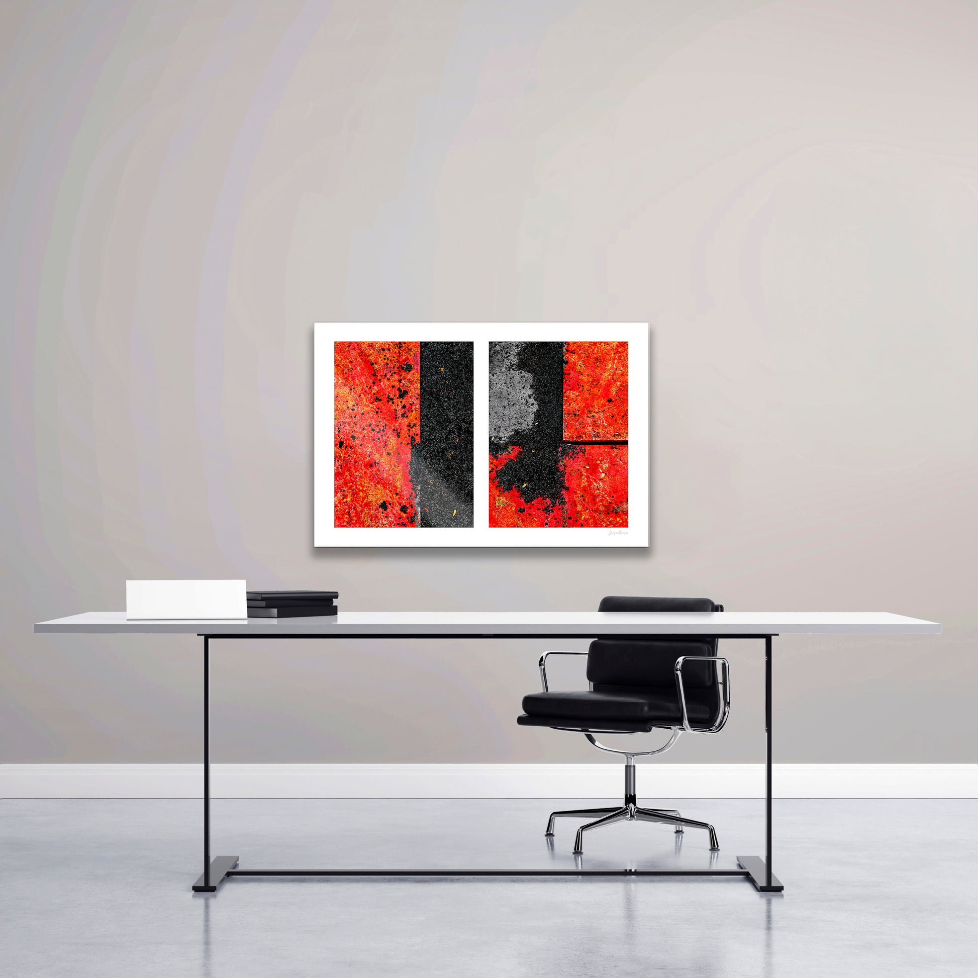 Abstract photograph diptych of red road steel plates