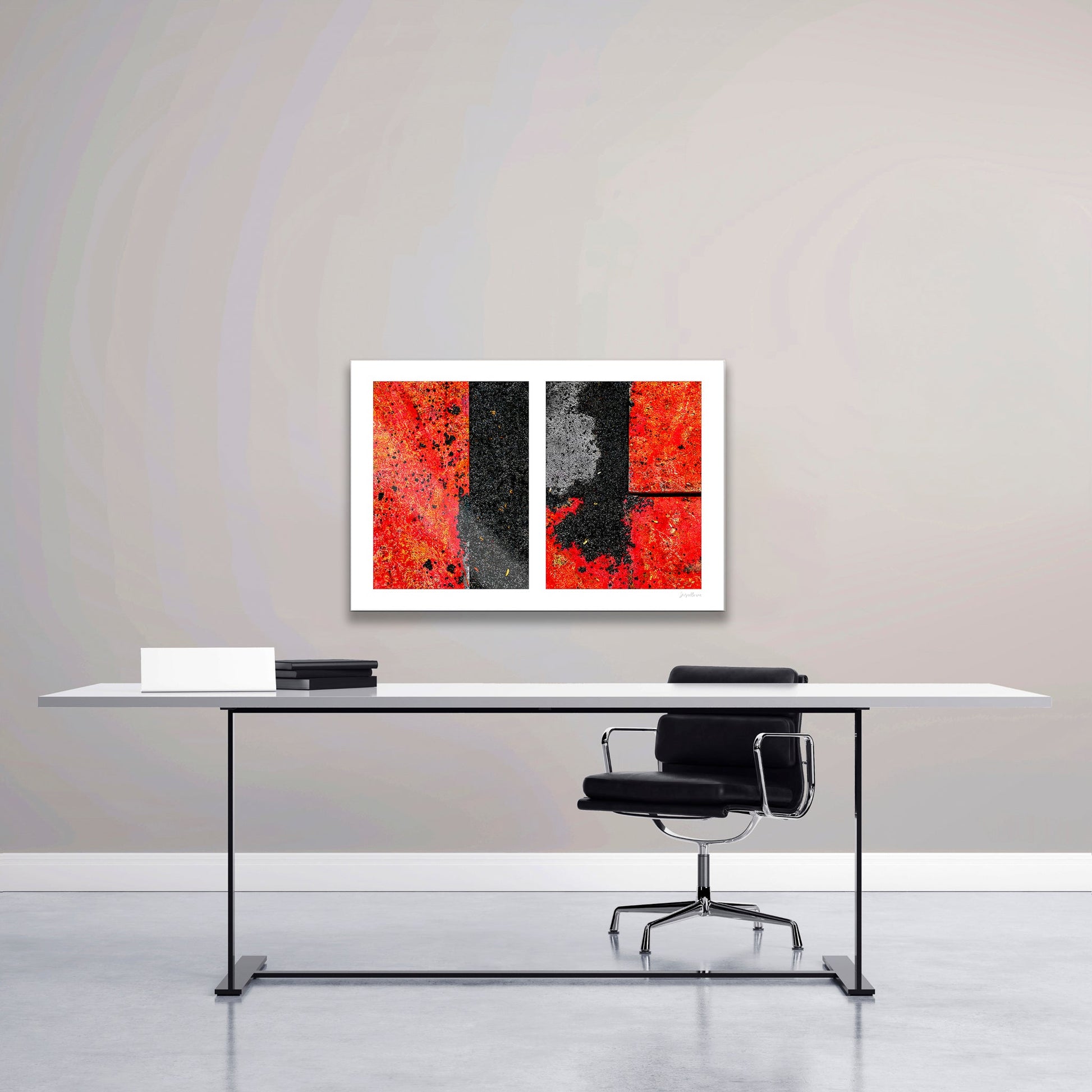 Abstract photograph diptych of red road steel plates