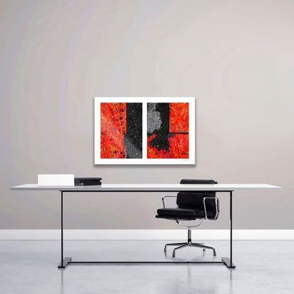 Abstract photograph diptych of red road steel plates