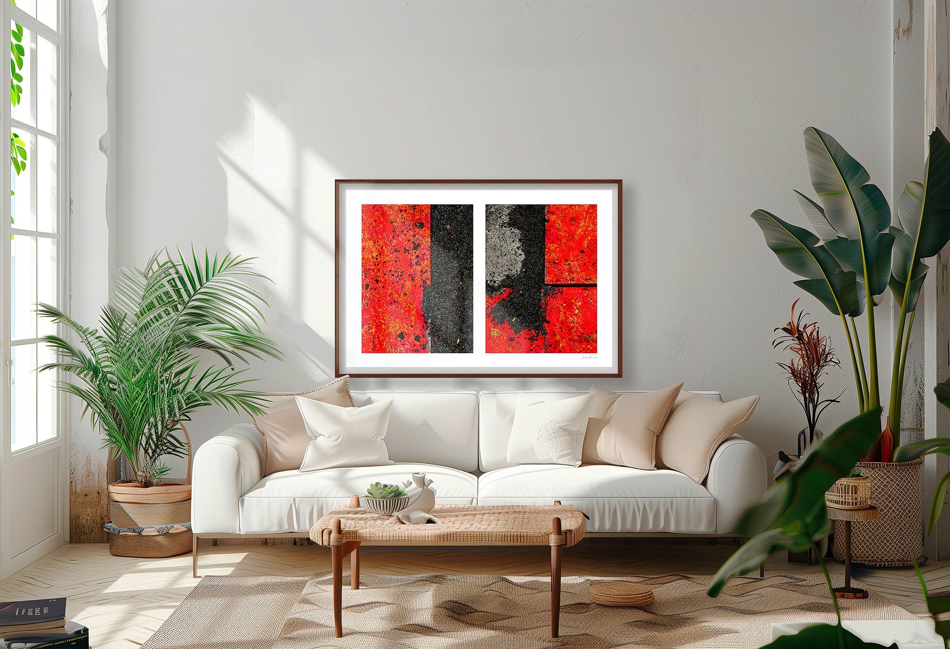 Abstract photograph diptych of red road steel plates
