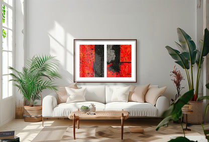 Abstract photograph diptych of red road steel plates