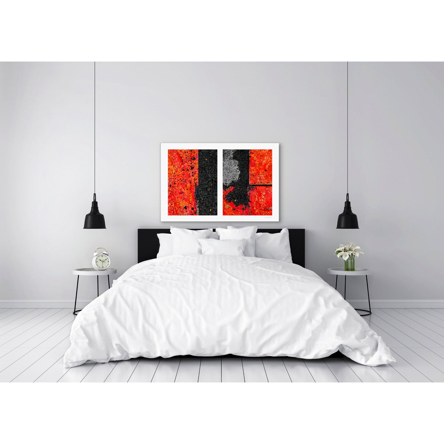 Abstract photograph diptych of red road steel plates