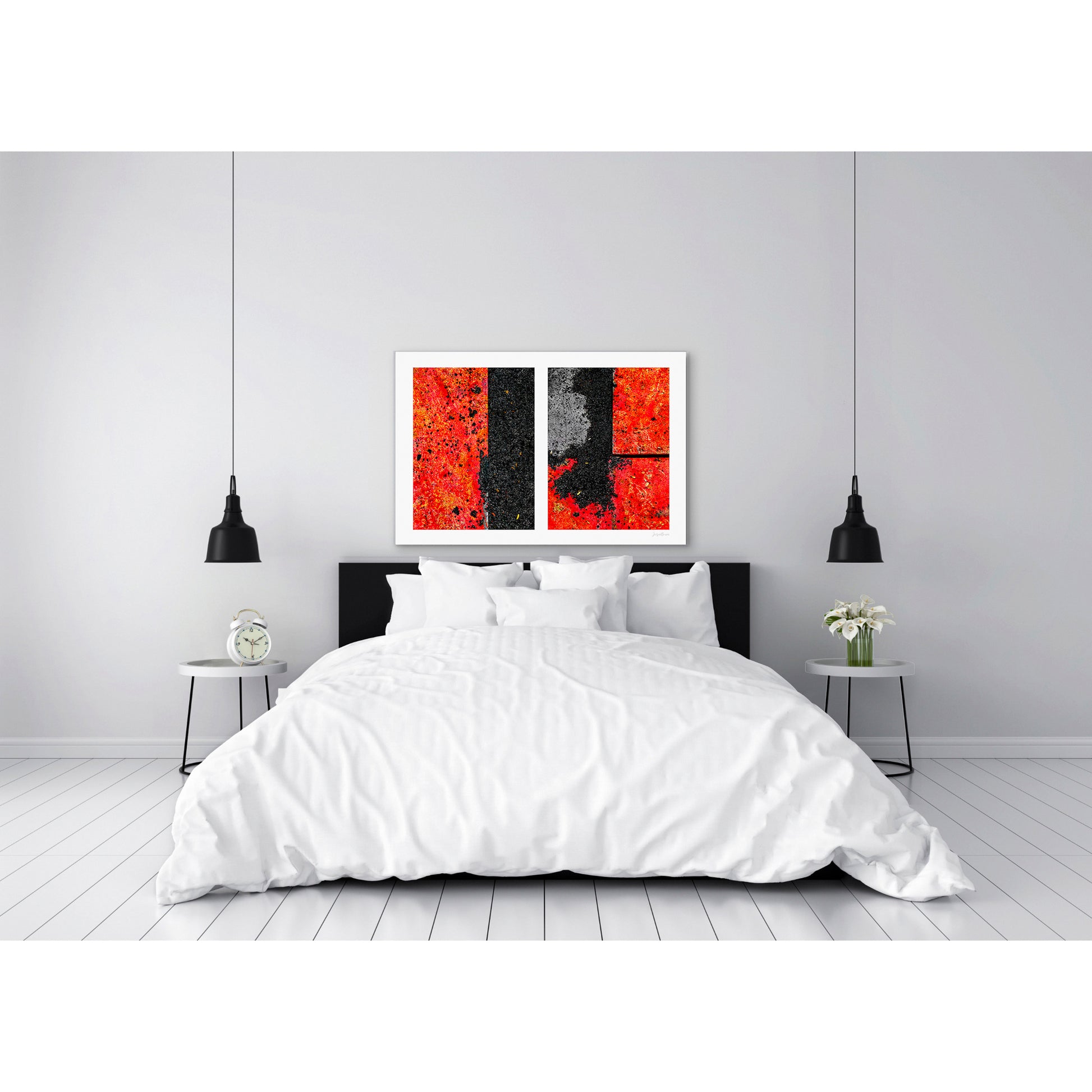 Abstract photograph diptych of red road steel plates