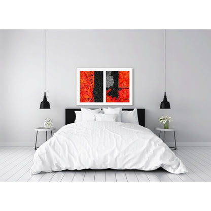 Abstract photograph diptych of red road steel plates