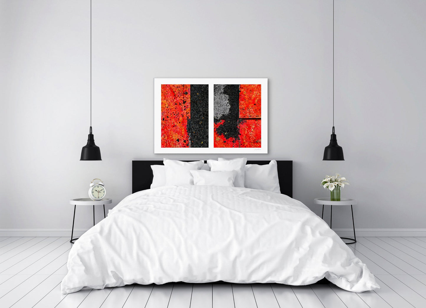Abstract photograph diptych of red road steel plates