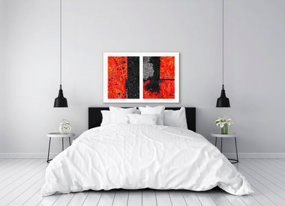 Abstract photograph diptych of red road steel plates