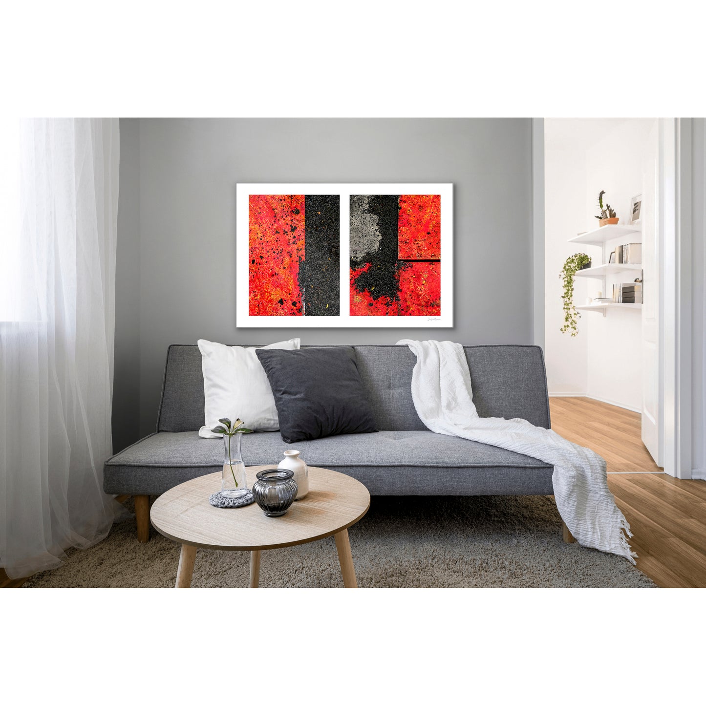 Abstract photograph diptych of red road steel plates