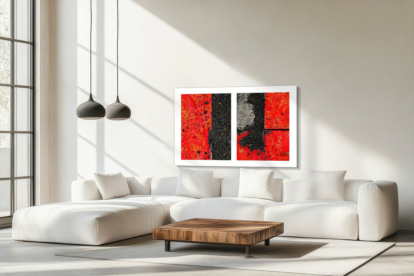 Abstract photograph diptych of red road steel plates