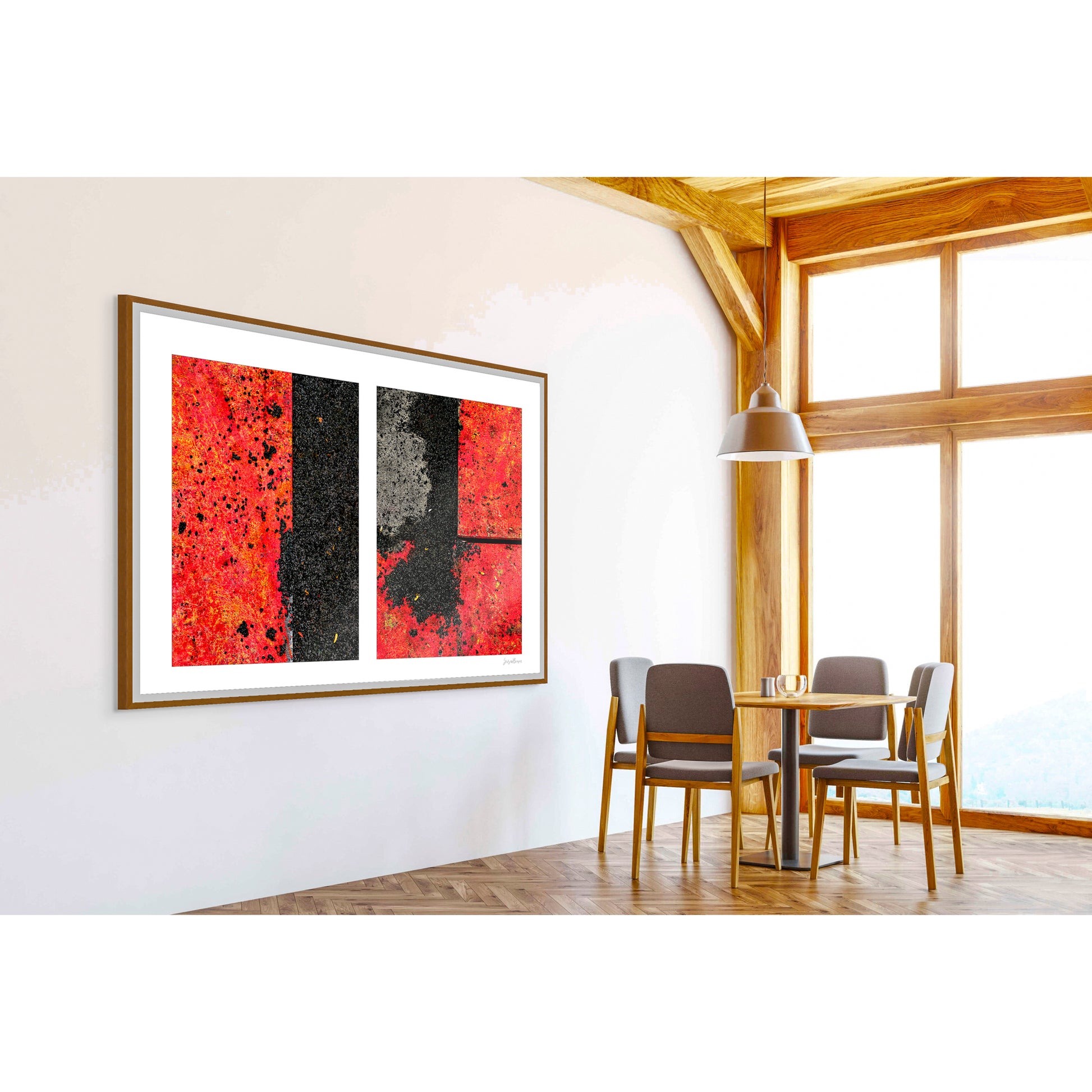 Abstract photograph diptych of red road steel plates