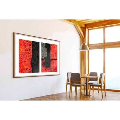 Abstract photograph diptych of red road steel plates
