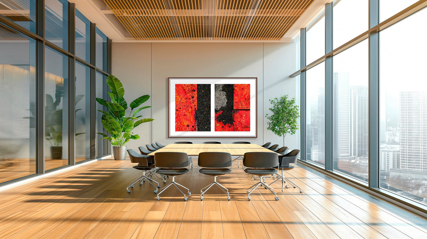Abstract photograph diptych of red road steel plates