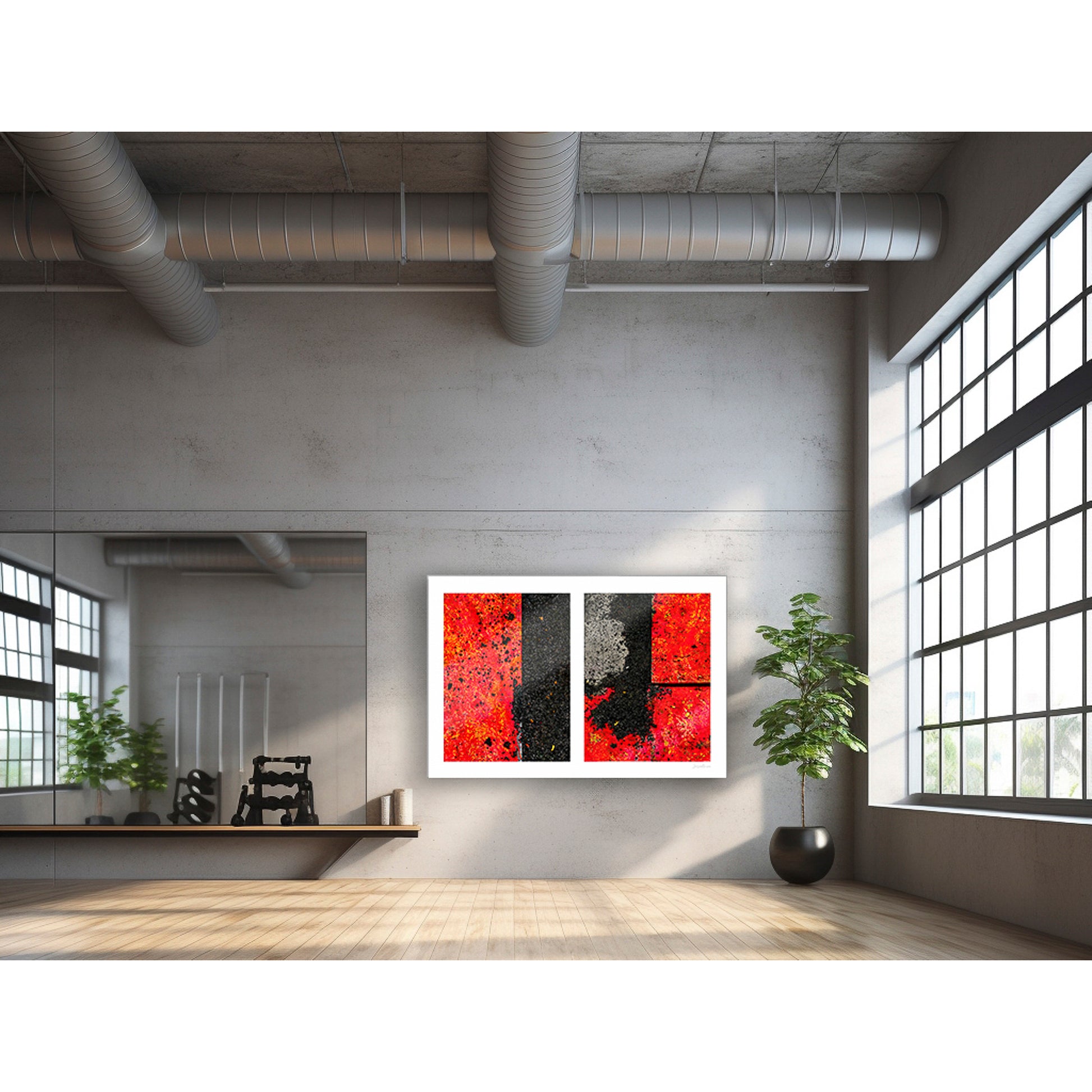 Abstract photograph diptych of red road steel plates