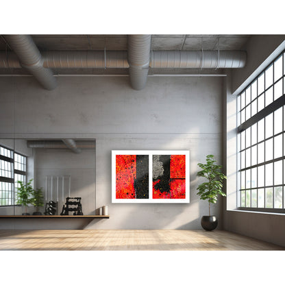 Abstract photograph diptych of red road steel plates