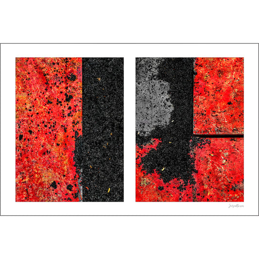 Macadam and Steel artwork by Susan Bowen. Features red macadam and industrial steel road plates compose a bold abstract diptych of geometry, texture, and urban material.