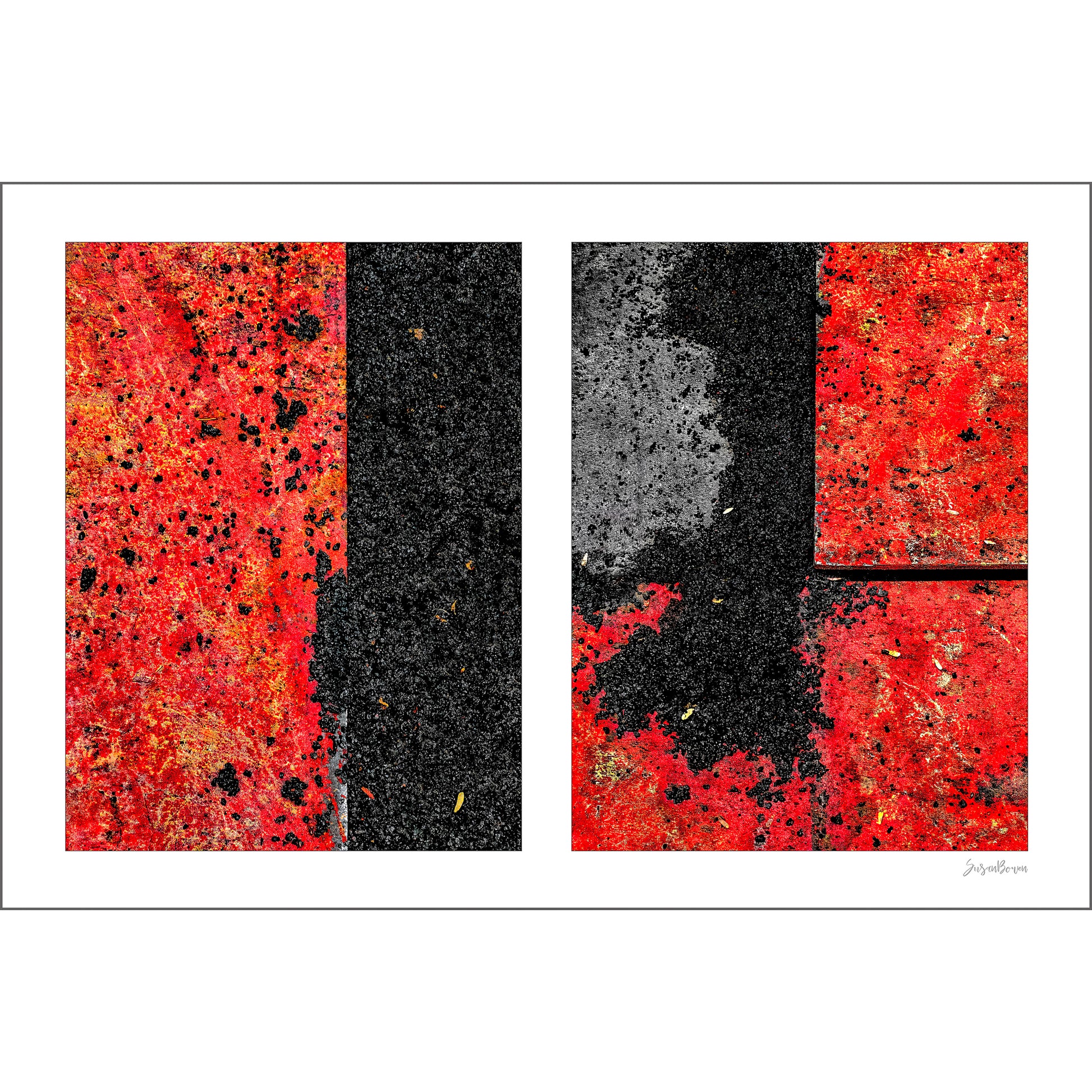 Abstract photograph diptych of red road steel plates