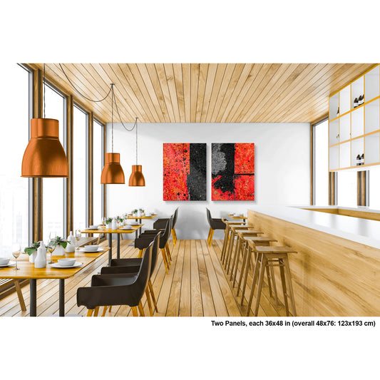 Macadam and Steel artwork by Susan Bowen. Two panels each 36x48 in; overall 48x76 in. Features red macadam and industrial steel road plates compose a bold abstract diptych of geometry, texture, and urban material.