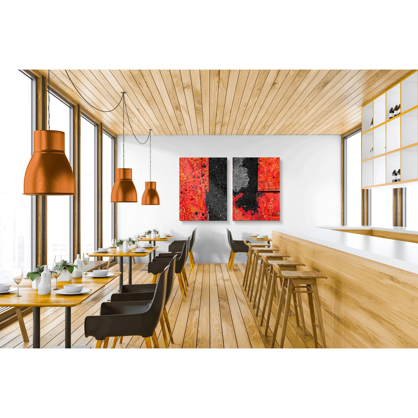 Abstract photograph diptych of red road steel plates