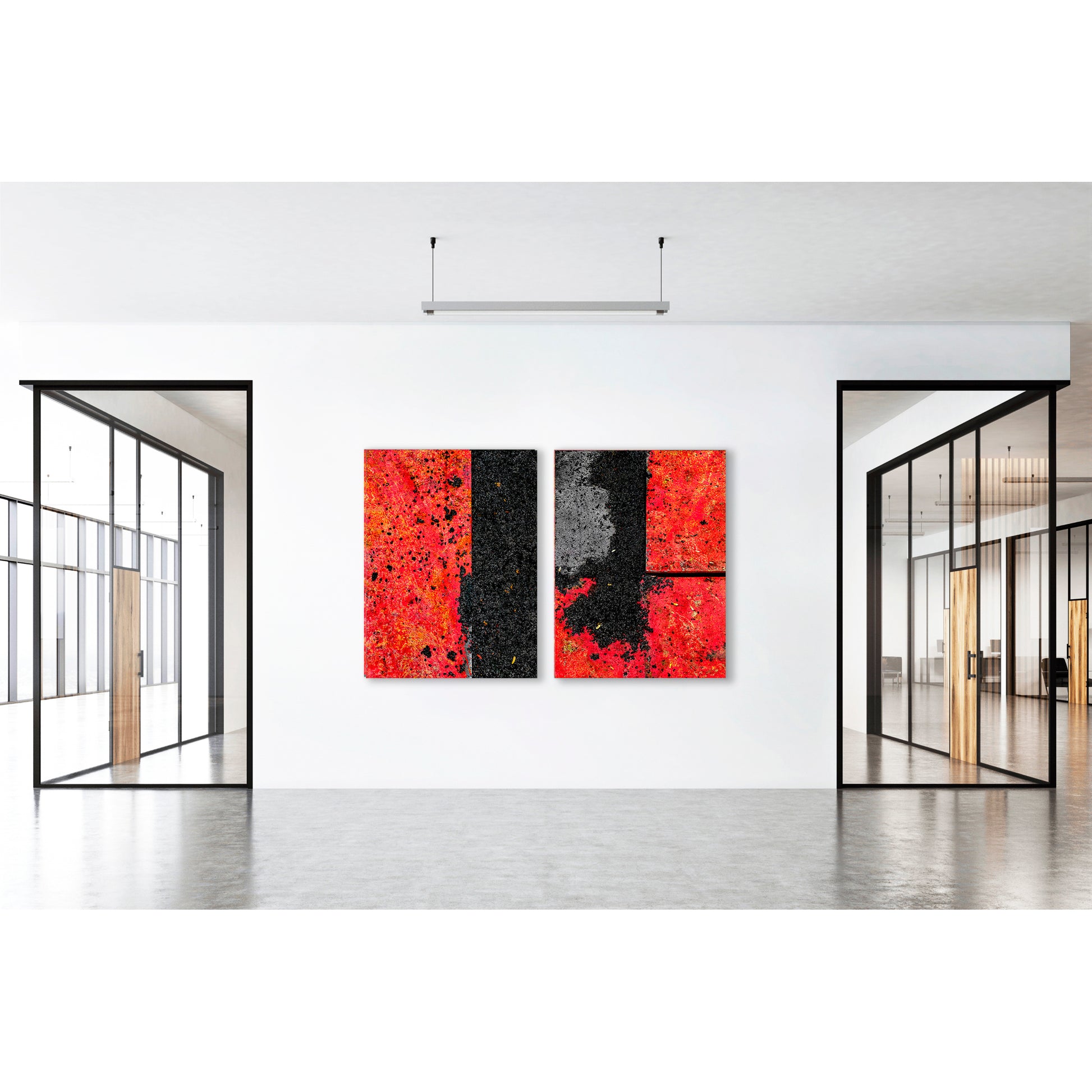 Abstract photograph diptych of red road steel plates