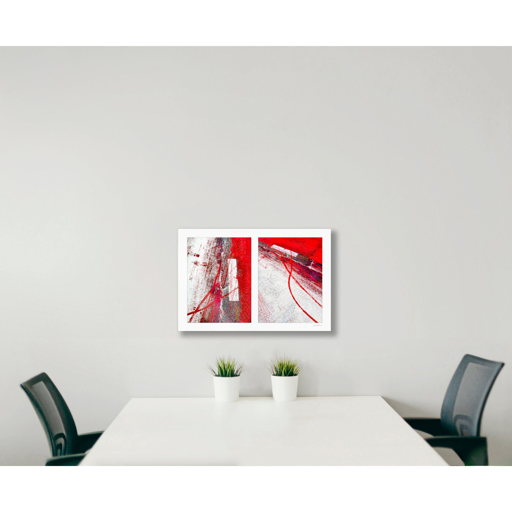 Abstract photograph diptych of red tire tracks and white lines