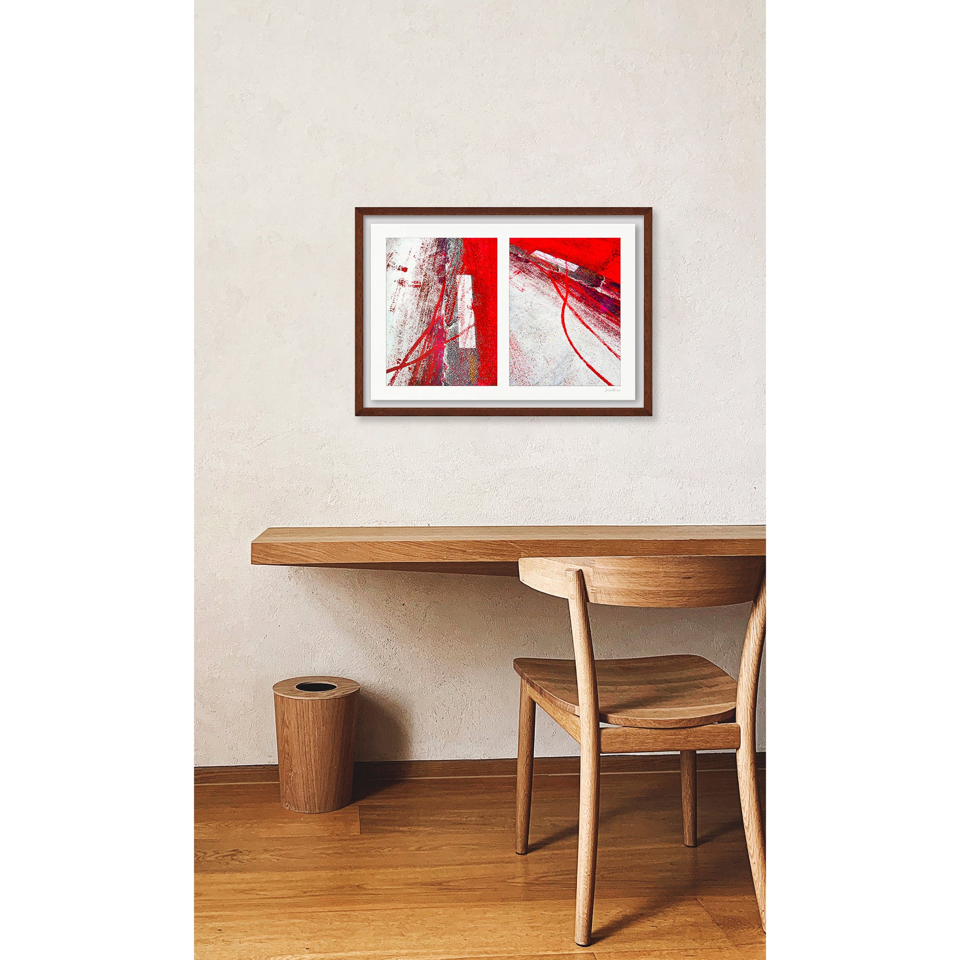 Abstract photograph diptych of red tire tracks and white lines