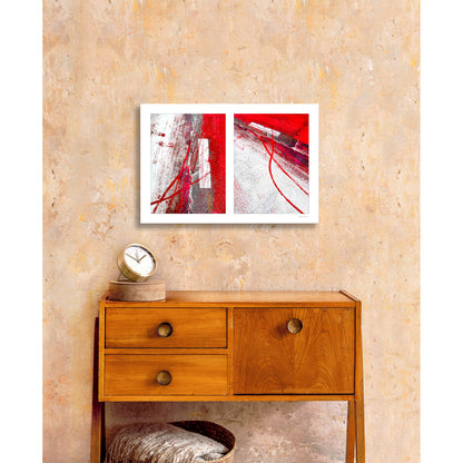 Abstract photograph diptych of red tire tracks and white lines