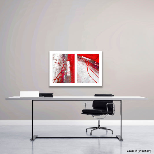 Swish and Swipe artwork by Susan Bowen, shown as 24x36 print. Features bicycle tracks arc through wet red bus lane paint in this energetic abstract street photography diptych from NYC.