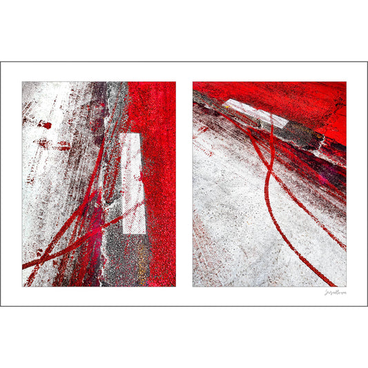 Swish and Swipe artwork by Susan Bowen. Features bicycle tracks arc through wet red bus lane paint in this energetic abstract street photography diptych from NYC.