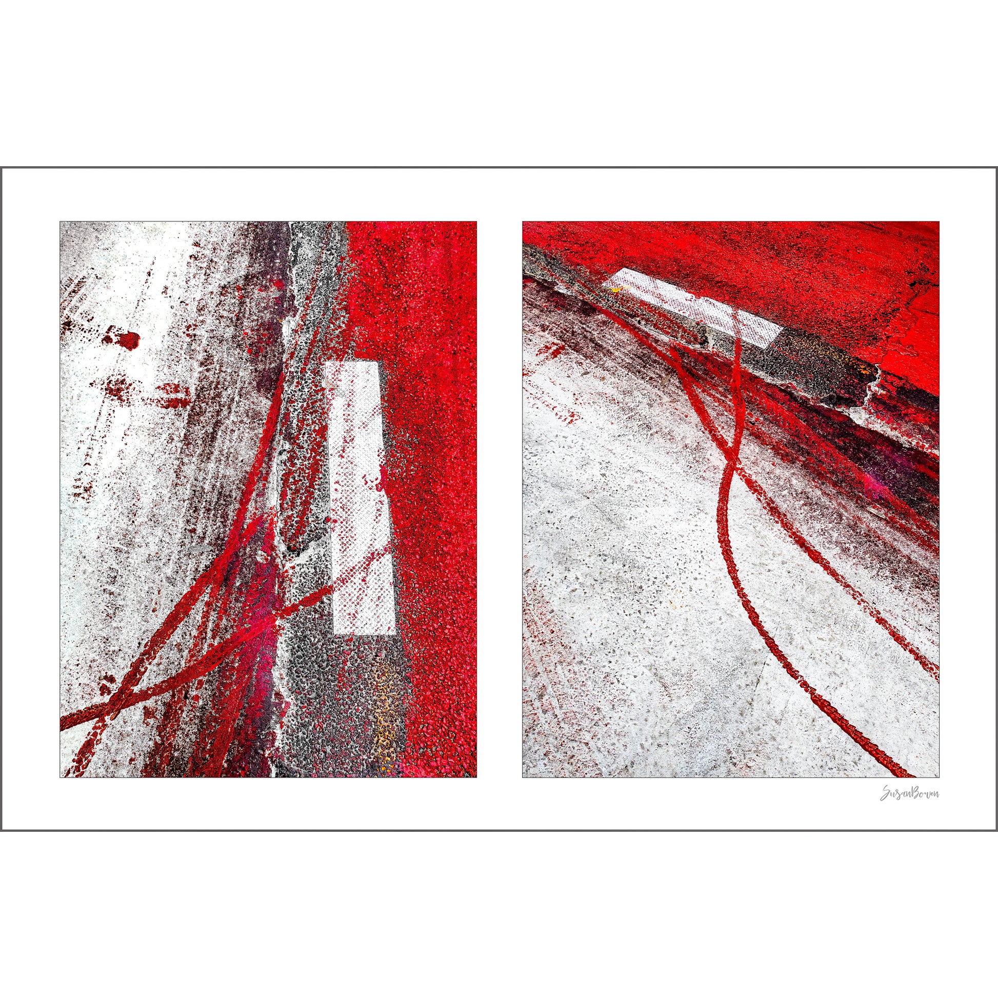 Abstract photograph diptych of red tire tracks and white lines