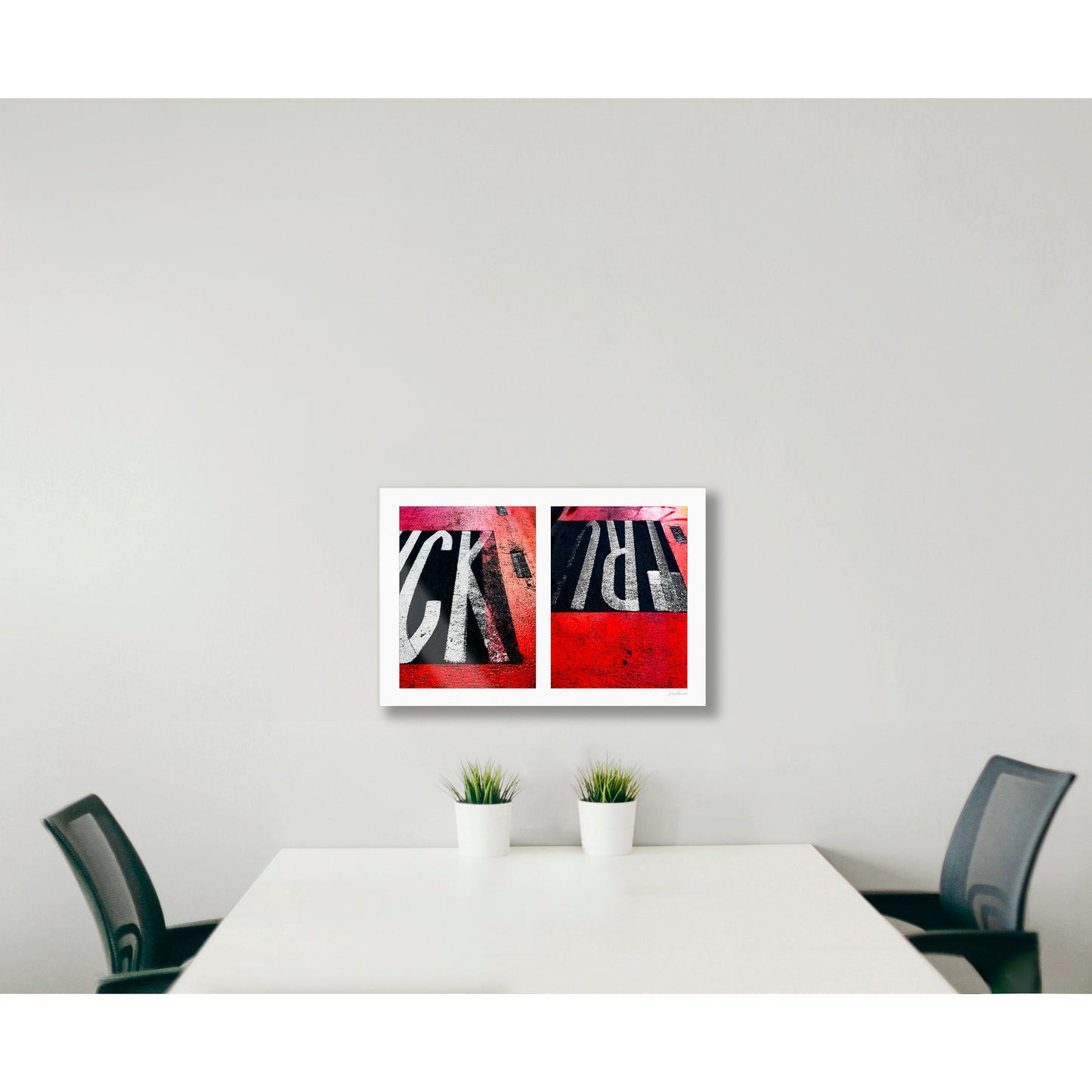 Abstract photograph diptych of red road markings