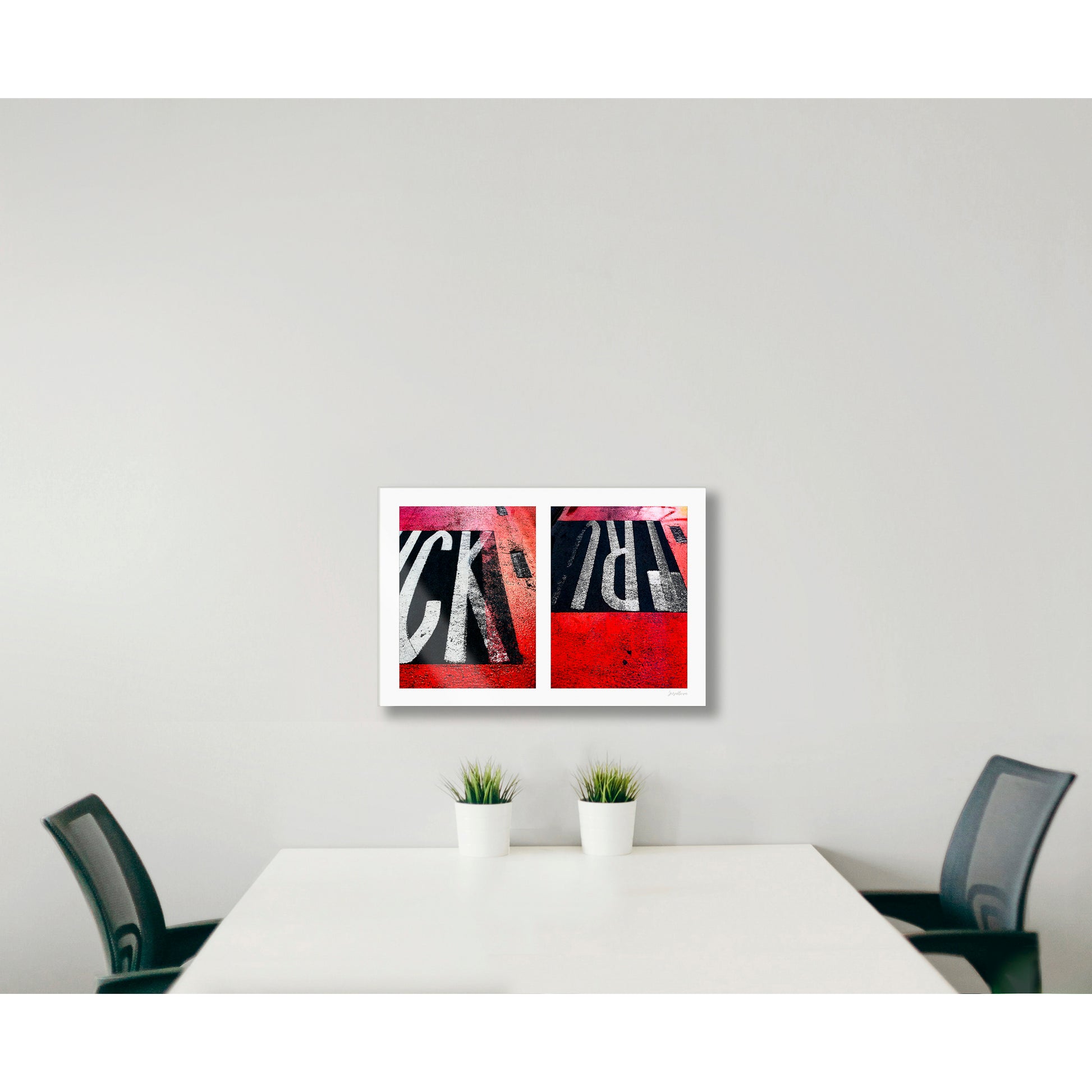 Abstract photograph diptych of red road markings