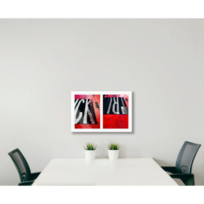 Abstract photograph diptych of red road markings