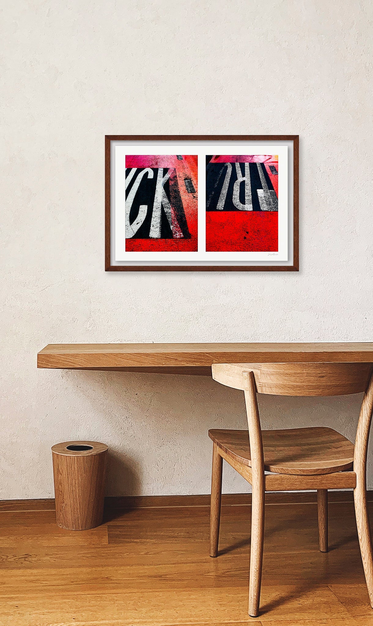 Abstract photograph diptych of red road markings