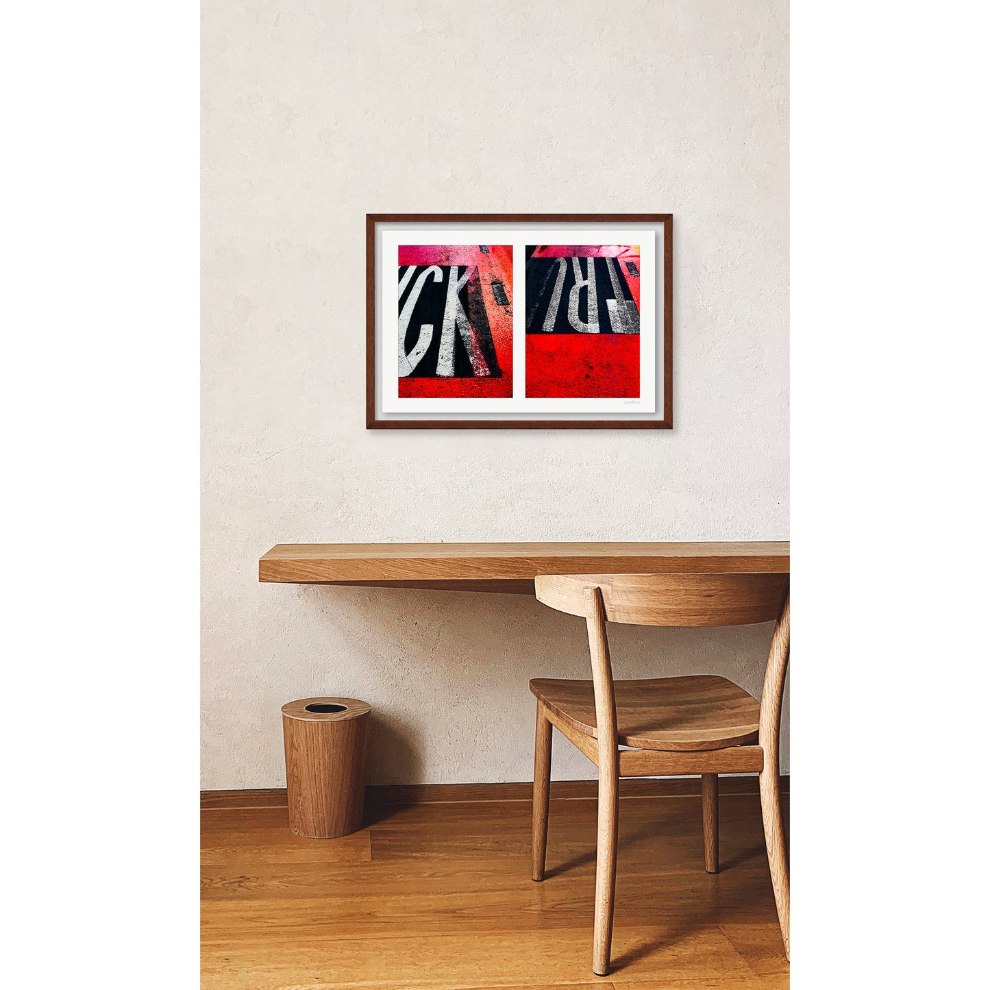 Abstract photograph diptych of red road markings