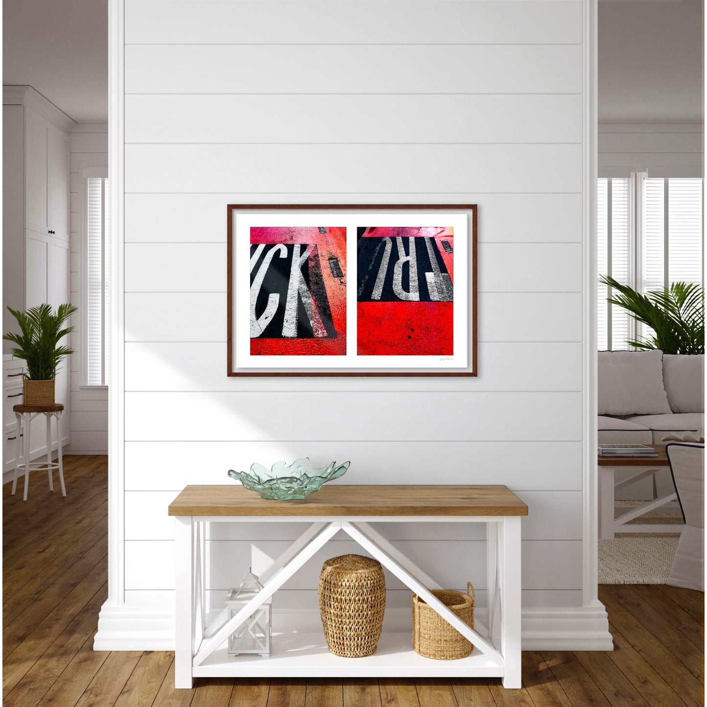 Abstract photograph diptych of red road markings