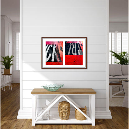 Abstract photograph diptych of red road markings