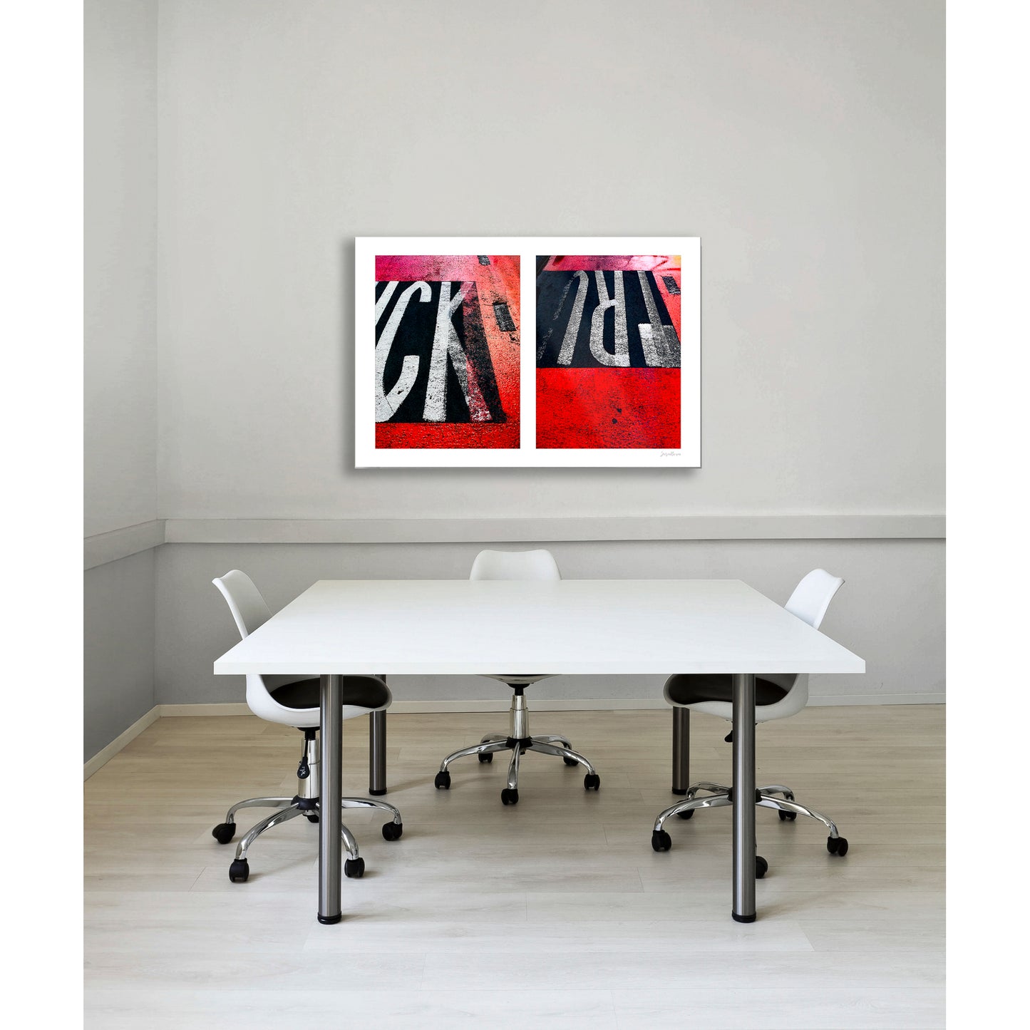 Abstract photograph diptych of red road markings