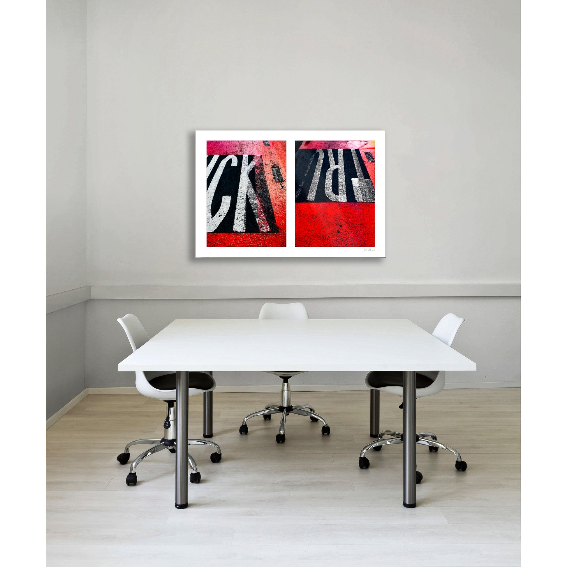 Abstract photograph diptych of red road markings