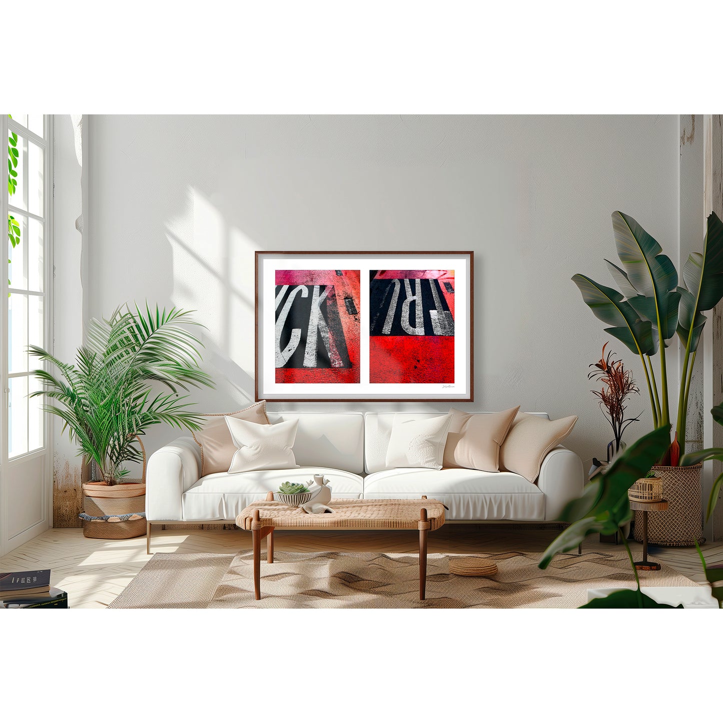 Abstract photograph diptych of red road markings