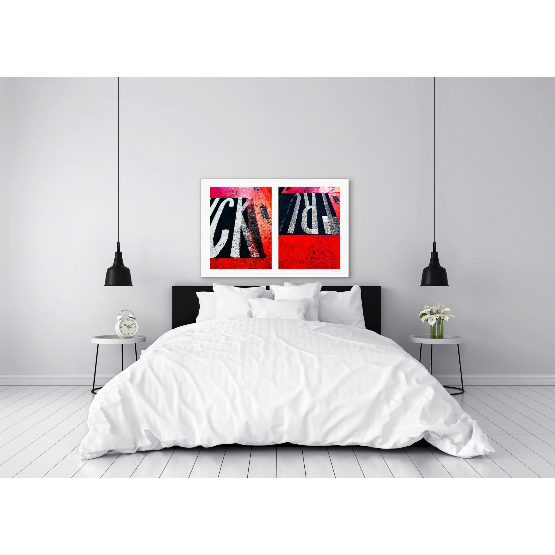 Abstract photograph diptych of red road markings