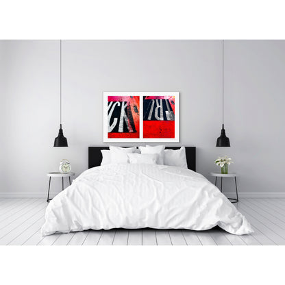 Abstract photograph diptych of red road markings