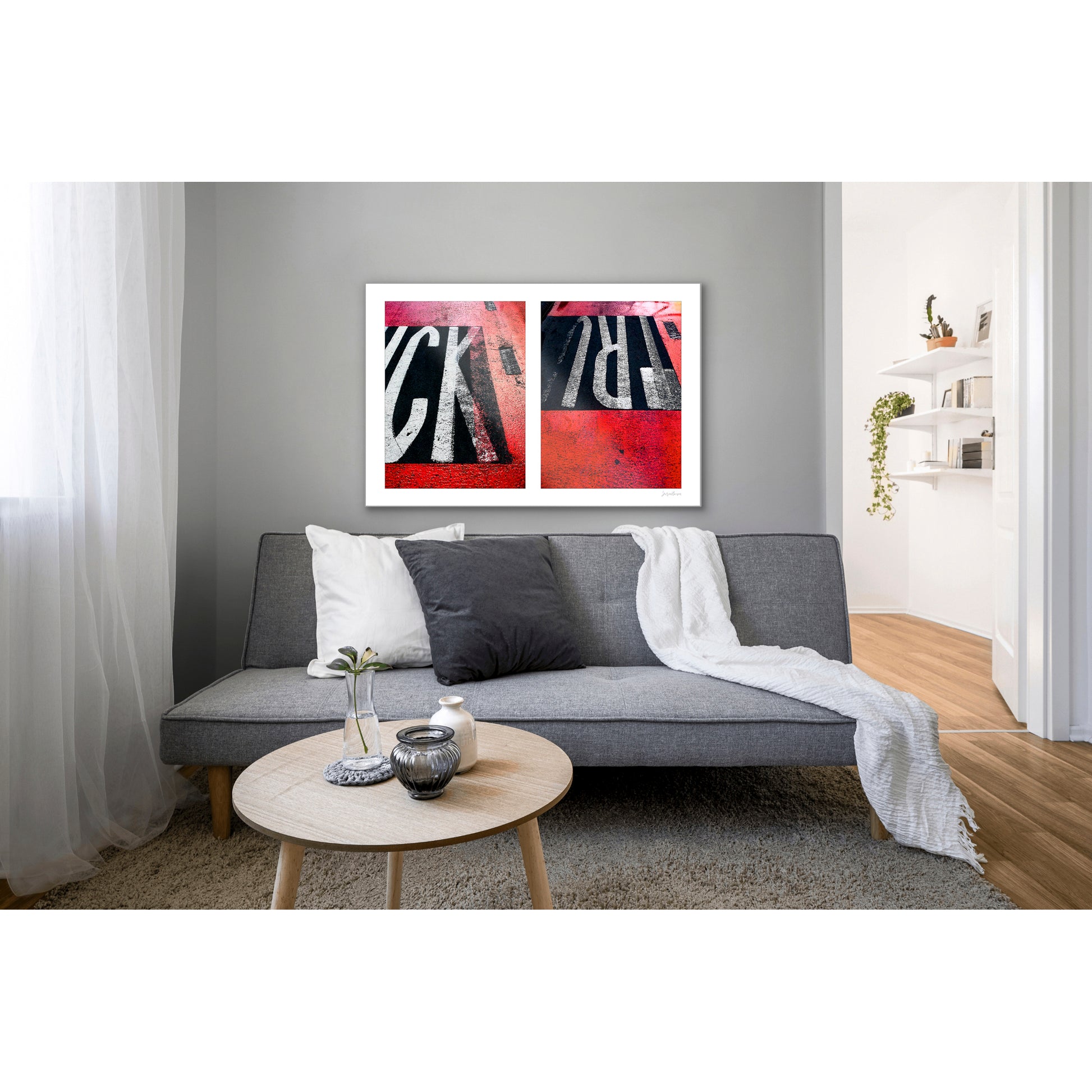 Abstract photograph diptych of red road markings