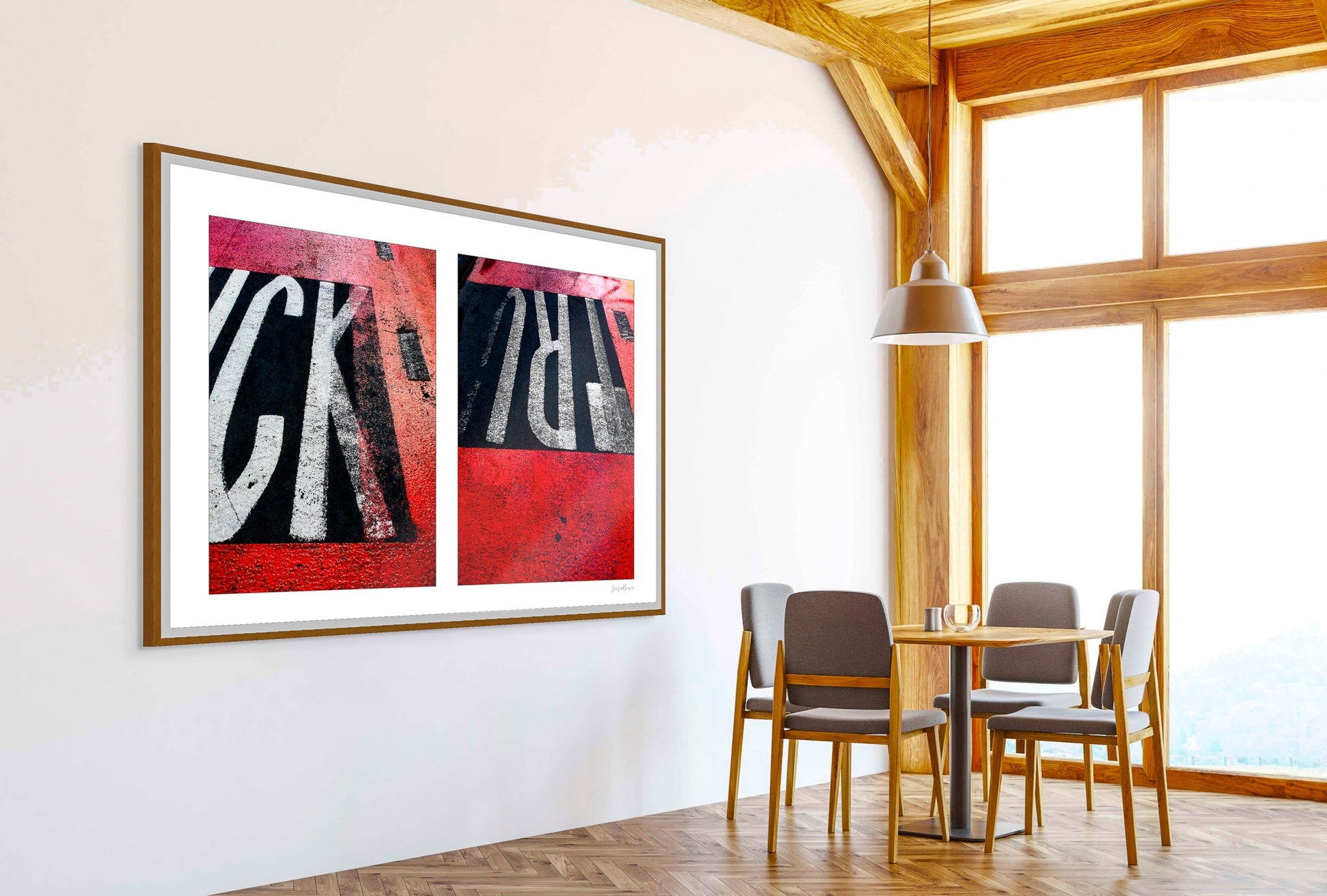 Abstract photograph diptych of red road markings
