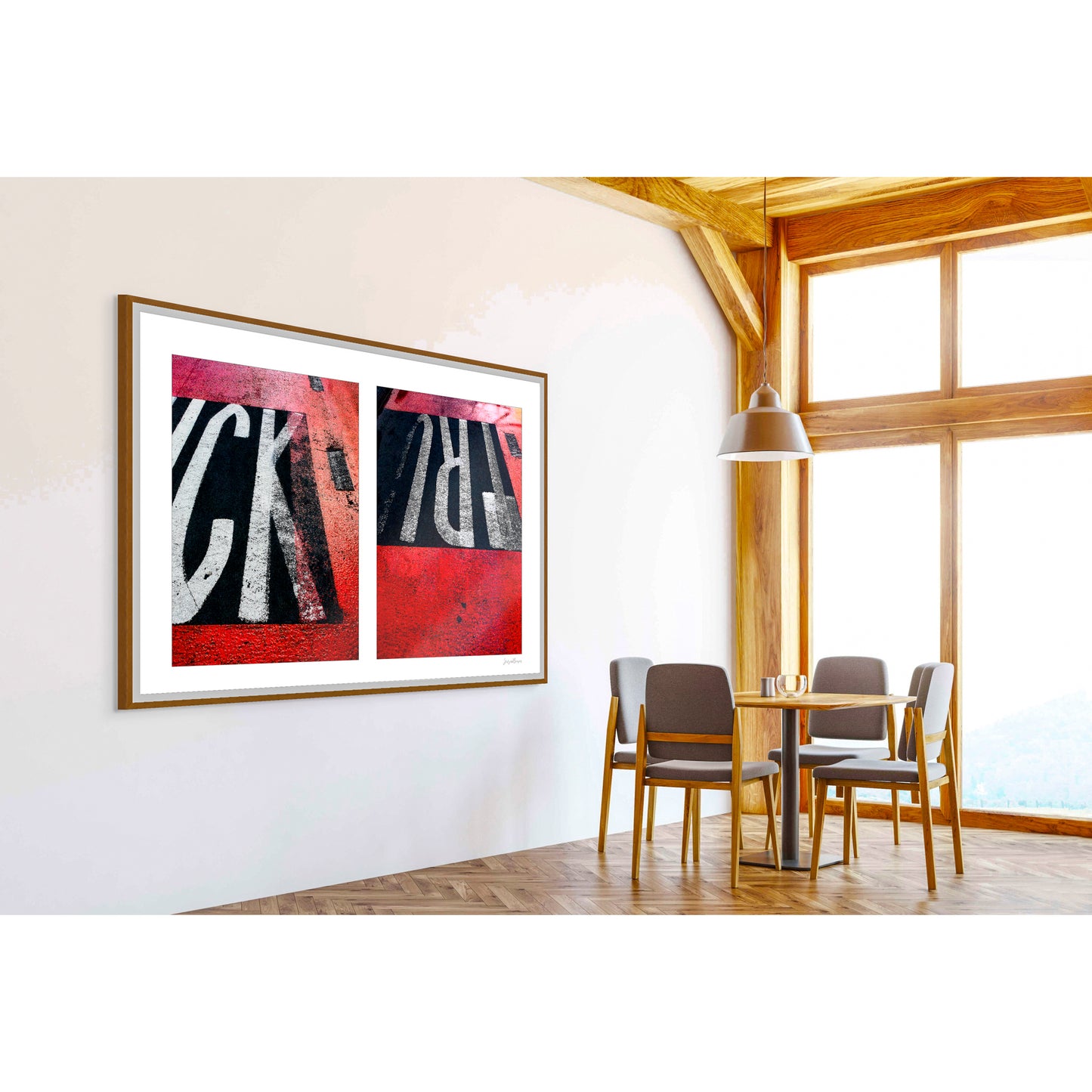 Abstract photograph diptych of red road markings