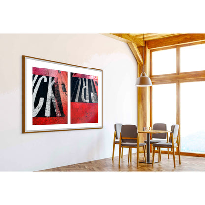 Abstract photograph diptych of red road markings