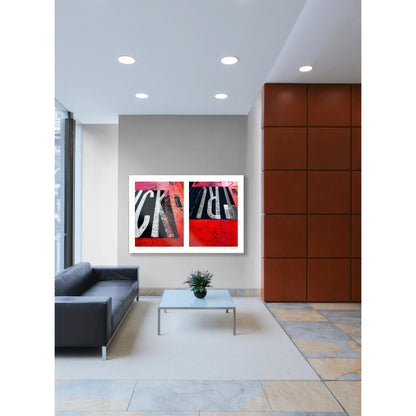 Abstract photograph diptych of red road markings