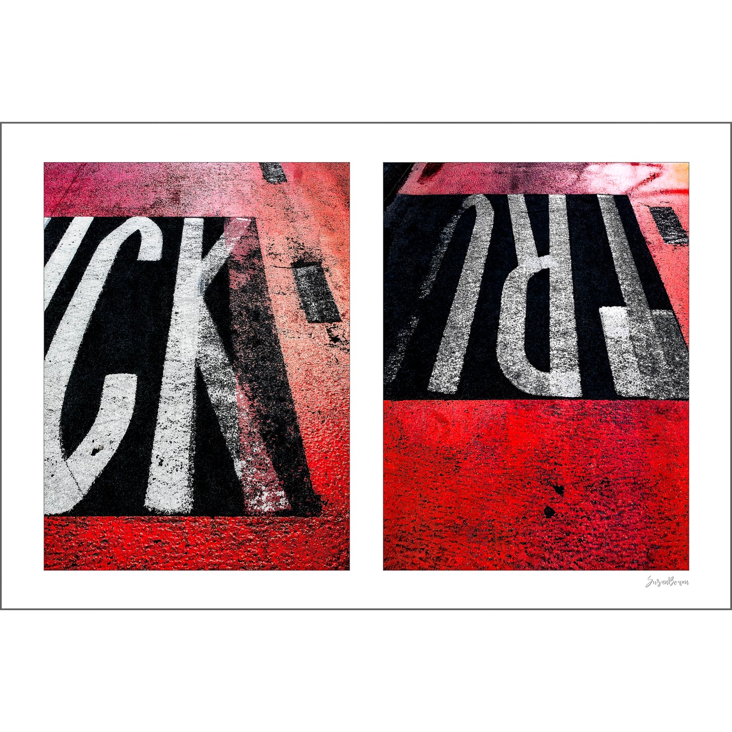 Abstract photograph diptych of red road markings